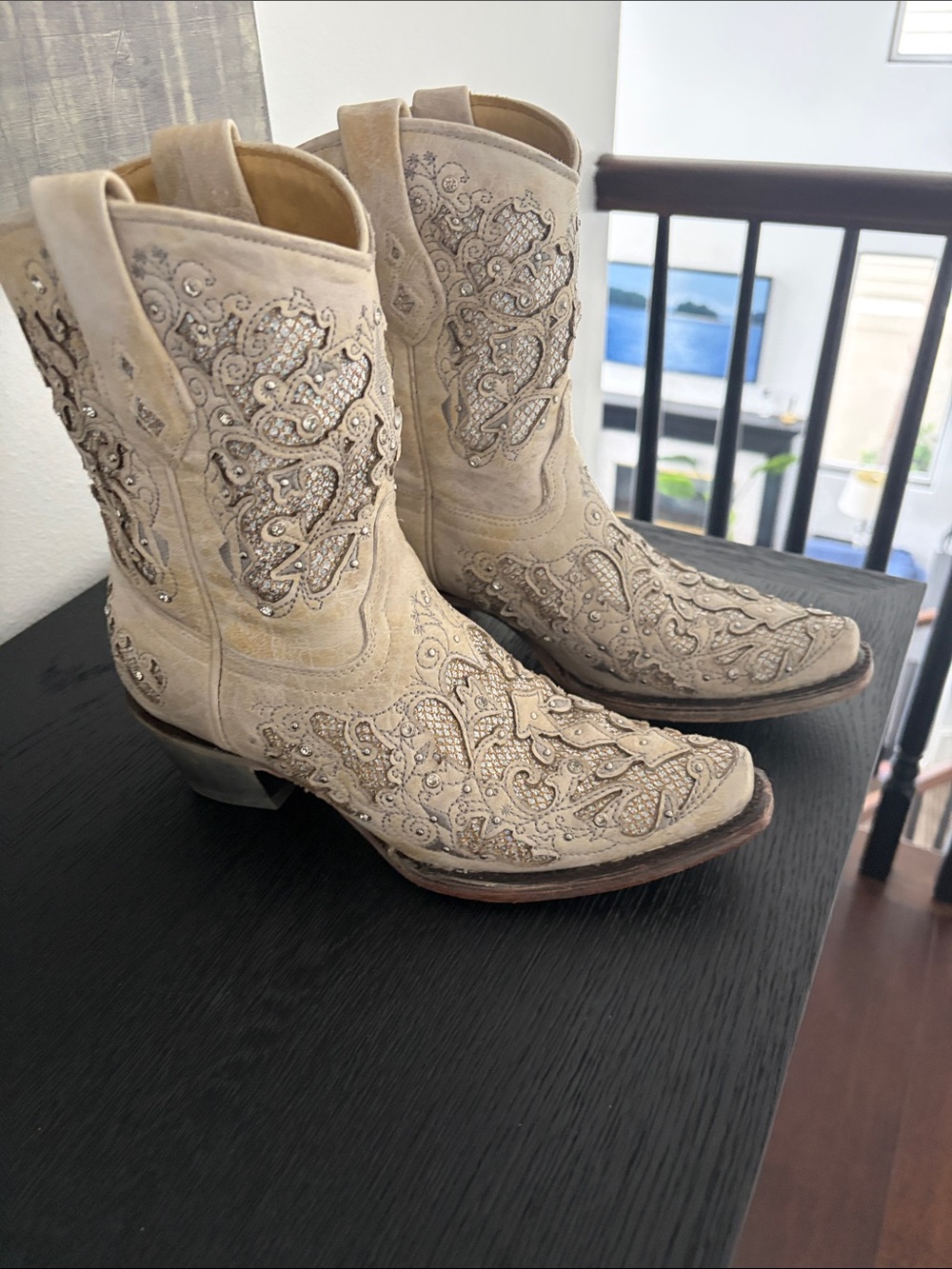 Corral Cream Embellished Western Booties with Rhinestone Detail